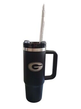 Georgia Bulldogs UGA Black Silver 24 Oz Travel Tumbler Handle Straw New Gift